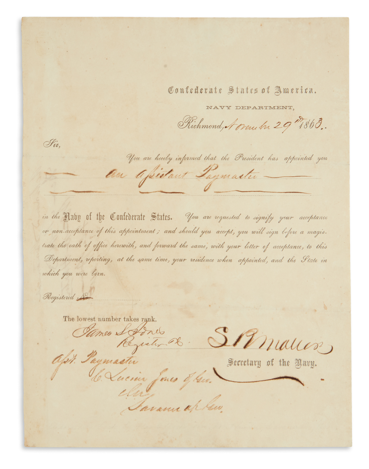 (CIVIL WAR--CABINET MEMBERS--C.S.A.) Group of 8 items Signed, or Signed and Inscribed. Format and condition vary...